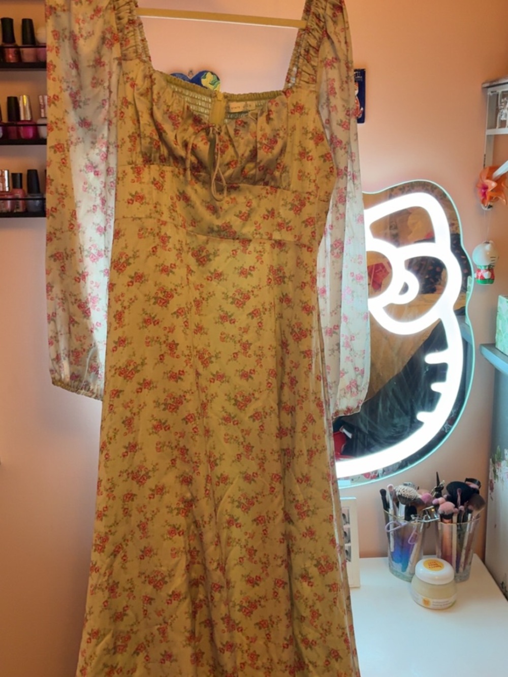Altar'd State Cream Floral Maxi Dress with Pink Rose Print